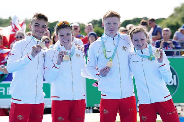 GOLDEN GIRLS AND GUYS: England's Alex Yee, Sophie Coldwell, Sam Dickinson and Georgia Taylor-Brown (left-right) celebrate winning gold in the mixed relay Triathlon on day three of the 2022 Commonwealth Games in Birmingham. Picture: David Davies/PA Wire.