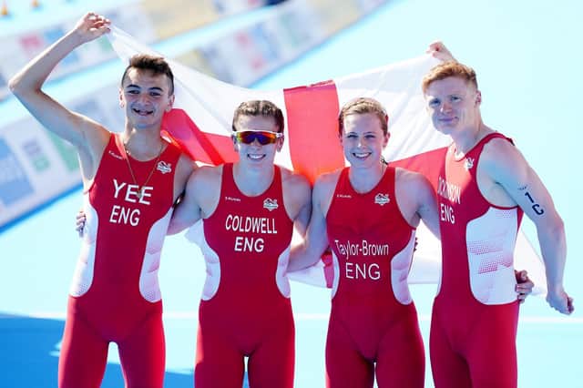 GOLDEN GIRLS AND GUYS: Team England, left to right, Alex Yee, Sophie Coldwell, Georgia Taylor-Brown and Sam Dickinson celebrate winning gold in the mixed relay Triathlon on day three of the 2022 Commonwealth Games in Birmingham. Picture: David Davies/PA Wire.