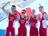 GOLDEN GIRLS AND GUYS: Team England, left to right, Alex Yee, Sophie Coldwell, Georgia Taylor-Brown and Sam Dickinson celebrate winning gold in the mixed relay Triathlon on day three of the 2022 Commonwealth Games in Birmingham. Picture: David Davies/PA Wire.