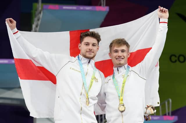 <p>England's Anthony Harding and Jack Laugher with their Gold medals won in the Men's Synchronised 3m Springboard Final (Picture: PA)</p>