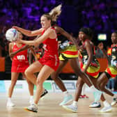 Natalie Metcalf of Team England holds the ball during the Netball Pool B match between Team England and Team Uganda on day five of the Birmingham 2022 Commonwealth Games at NEC Arena on August 02. (Picture: Alex Livesey/Getty Images)