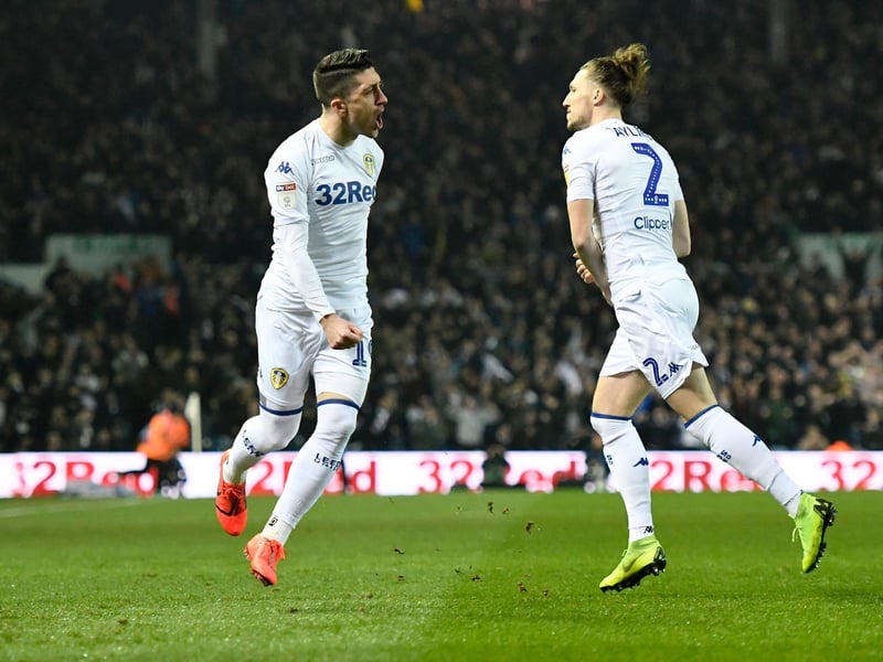 Pablo Hernandez celebrates scoring after just 16 seconds with Luke Ayling.