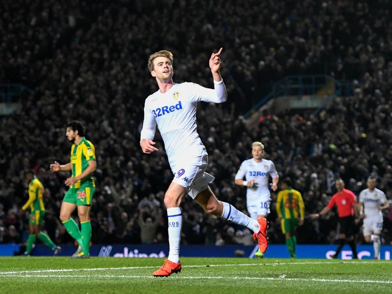 Patrick Bamford celebrates scoring Leeds United's second goal.