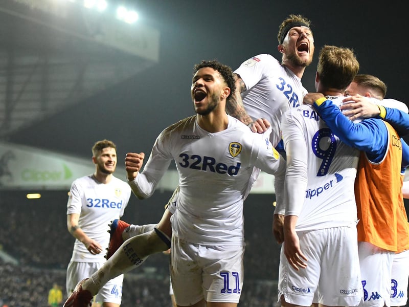 Patrick Bamford celebrates scoring his sides third goal with Tyler Roberts and Liam Cooper.