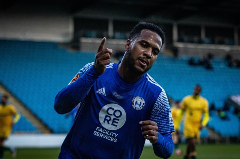 Gevaro Nepomuceno after scoring in the 3-3 FA Trophy clash with Hartlepool at The Shay that Town went on to win on penalties. Photo: Marcus Branston