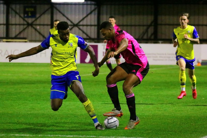 Loanee Nyal Bell in action for Town in their 2-1 defeat at Solihull. Photo: Richard King