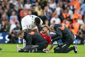 INJURY: Liverpool's Harvey Elliott in pain after fracturing and dislocating his ankle at Elland Road