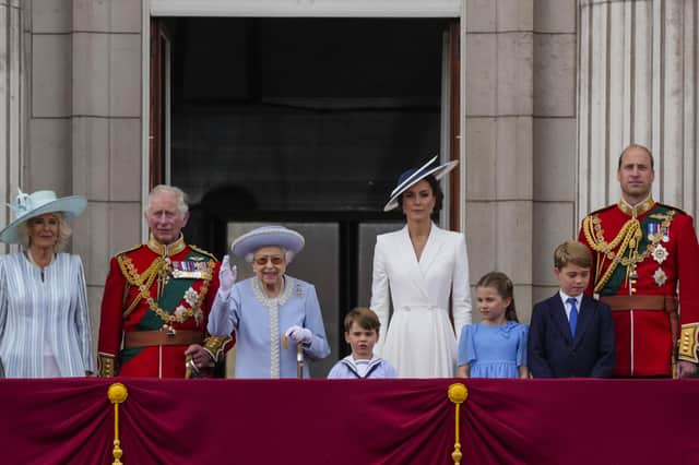 (left to right) The Duchess of Cornwall, the Prince of Wales, Queen Elizabeth II, Prince Louis, the Duchess of Cambridge, Princess Charlotte, Prince George and the Duke of Cambridge on the balcony of Buckingham Palace, central London, after the Trooping the Colour ceremony, as the Queen celebrates her official birthday on day one of the Platinum Jubilee celebrations. Picture date: Thursday June 2, 2022.