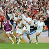 England's Chloe Kelly celebrates scoring their side's second goal of the game during the UEFA Women's Euro 2022 final at Wembley Stadium