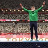 Gold medalist Jason Smyth of Team Ireland celebrates on the podium of Men's 100m - T13 Final on day 5 of the Tokyo 2020 Paralympic Games at Olympic Stadium on August 29, 2021 in Tokyo, Japan.