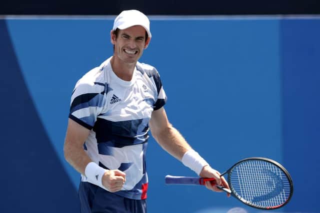 Andy Murray of Team Great Britain celebrates after a point during his Men's Doubles First Round match with Joe Salisbury (Photo: Adam Pretty/Getty Images)