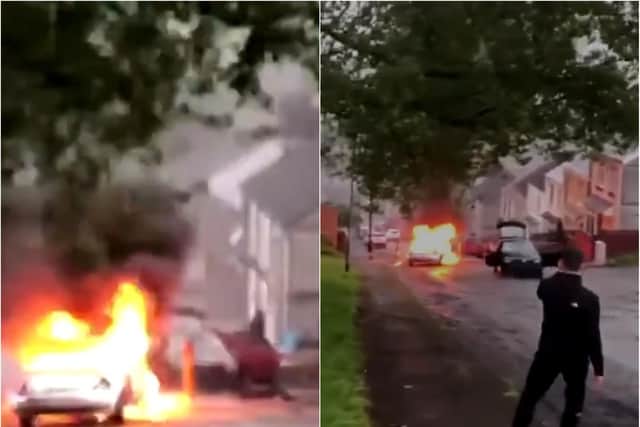 Yobs let a car freewheel backwards down a hill in Swansea as another was set on fire (images: social media).
