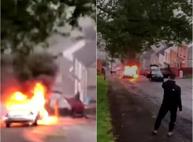Yobs let a car freewheel backwards down a hill in Swansea as another was set on fire (images: social media).