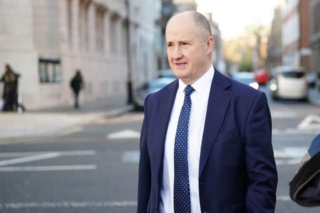 Post Office minister Kevin Hollinrake leaves the Millbank Studios in Westminster, central London. Mr Hollinrake said former Post Office chief executive Paula Vennells has done the "right thing" by handing back her CBE in the wake of renewed focus on the Horizon scandal.