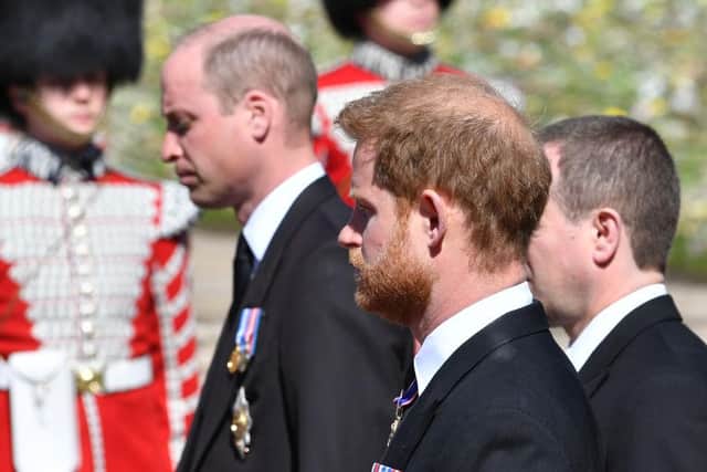 William and Harry walked in the procession to the chapel for their grandfather's funeral service on either side of their cousin, Peter Phillips (Photo: Mark Large-WPA Pool/Getty Images)