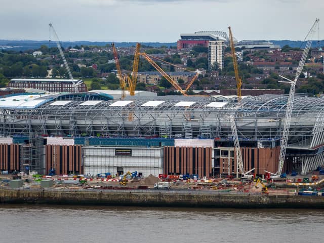 A general aerial view of the Bramley Moore Dock and the construction progress of Everton Football Club's new football stadium with Liverpool Football Club's Anfield Stadium on the horizon on August 23, 2023 in Liverpool, England. The ground will host games at Euro 2028 (Picture: Christopher Furlong/Getty Images)