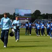 Joe Root salutes the crowd as he leaves the field after winning the first One Day International between England and Sri Lanka at Emirates Riverside in Chester-le-Street.