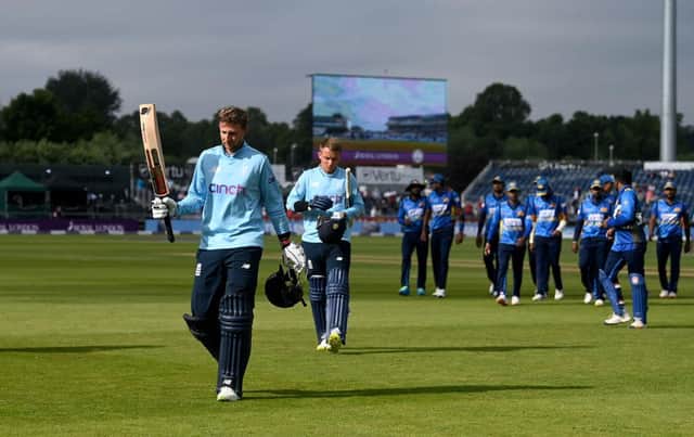Joe Root salutes the crowd as he leaves the field after winning the first One Day International between England and Sri Lanka at Emirates Riverside in Chester-le-Street.
