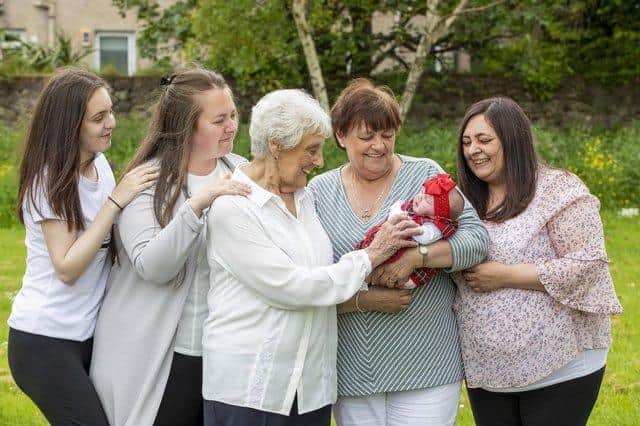 Mary, 86, with Rose, 68, Chyrel, 50, Carrie, 35, Toni-Leigh, 17, - and two-week-old Nyla