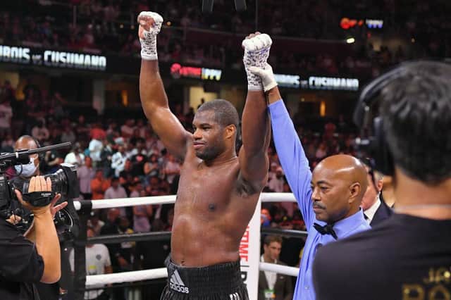 Daniel Dubois celebrates after knocking out Joe Cusamano in their heavyweight bout during a Showtime pay-per-view event at Rocket Morgage Fieldhouse on August 29, 2021 in Cleveland, Ohio. (Photo by Jason Miller/Getty Images)