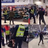 Stills from the video footage of a customer confronting a Tesco staff member in Portsmouth