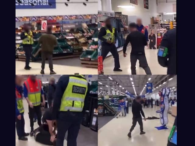 Stills from the video footage of a customer confronting a Tesco staff member in Portsmouth