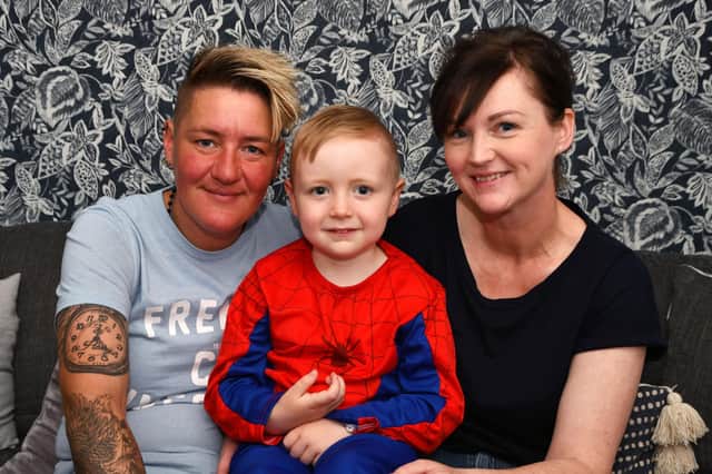 Harry Frank, 5, with mums Stephanie, right, and Elaine Frank. Pic: Michael Gillen