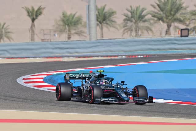 Aston Martin's German driver Sebastian Vettel drives during the first practice session ahead of the Bahrain Formula One Grand Prix.