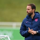 BURTON UPON TRENT, ENGLAND - NOVEMBER 11: Gareth Southgate looks on during a training session at St George's Park on November 11, 2021 in Burton upon Trent, England. (Photo by Michael Regan/Getty Images)