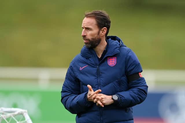 BURTON UPON TRENT, ENGLAND - NOVEMBER 11: Gareth Southgate looks on during a training session at St George's Park on November 11, 2021 in Burton upon Trent, England. (Photo by Michael Regan/Getty Images)