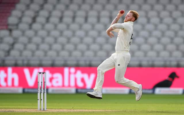 Ben Stokes of England bowls during Day Three of the 1st #RaiseTheBat Test Match between England and Pakistan at Emirates Old Trafford (Photo by Dan Mullan/Getty Images)
