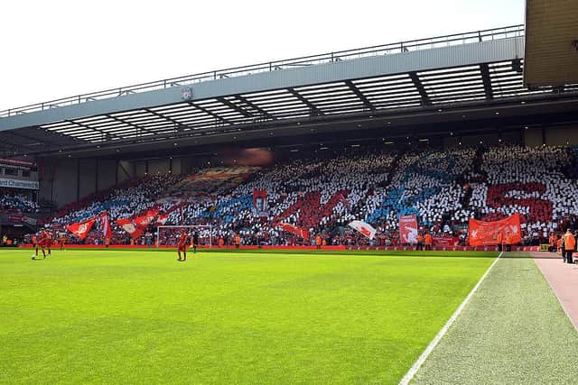 Liverpool supporters create a mosaic saying 'Thanks' to Everton for the club's support during the campaign to re-open the inquest into the Hillsborough disaster which claimed the lives of 96 Liverpool fans in 1989.