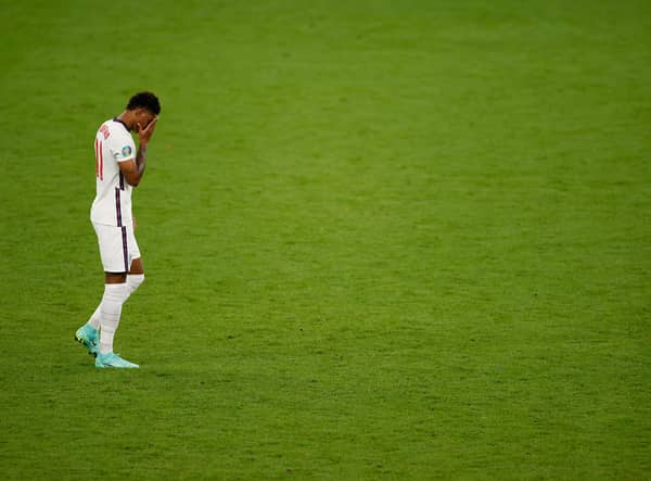 Marcus Rashford reacts after missing England's third penalty in the penalty shoot out during the UEFA Euro 2020 Championship Final against Italy (Photo by John Sibley - Pool/Getty Images)