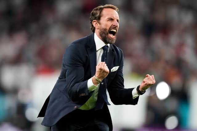 Gareth Southgate, Head Coach of England celebrates their side's victory after the UEFA Euro 2020 Championship Semi-final match between England and Denmark at Wembley Stadium on July 07, 2021 in London, England. (Photo by Frank Augstein - Pool/Getty Images)