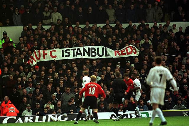 Man Utd fans hold up offencive banner during the Leeds United v Manchester United FA Carling Premiership match at Elland Road, Leeds. Mandatory Credit: Michael Steele/ALLSPORT