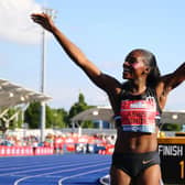 Dina Asher-Smith celebrates winning the women's 100m final at the British Athletics Championships in Manchester in June. (Pic: Getty Images)