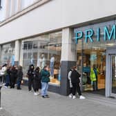 Shoppers queue outside Primark as non-essential retail reopens in England. (Pic: Getty)