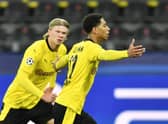 Borussia Dortmund's Jude Bellingham celebrates scoring their side's first goal of the game during the UEFA Champions League, quarter final, second leg match against Man City.