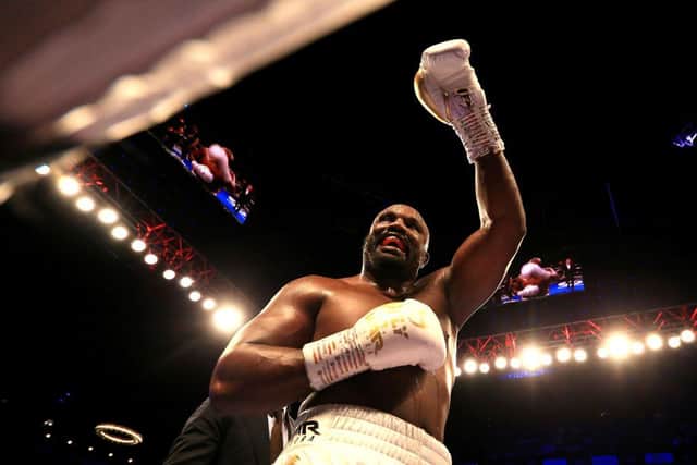 Derek Chisora celebrates victory over David Price during their heavyweight fight at The O2 Arena on October 26, 2019 in London, England.