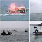 A flotilla of fishing vessels are seen in St Helier harbour, Jersey as French fishermen protest post Brexit changes to fishing in the area (SWNS/Jersey Evening Post)