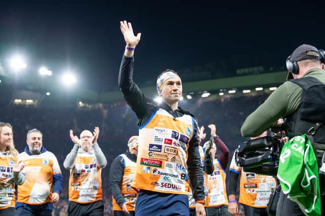 Kevin Sinfield arrives at Old Trafford after his seven ultra marathons in seven days.