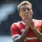 Jesse Lingard of Manchester United reacts during the pre-season friendly match between Derby County and Manchester United at Pride Park on July 18, 2021 in Derby, England. (Photo by Nathan Stirk/Getty Images)