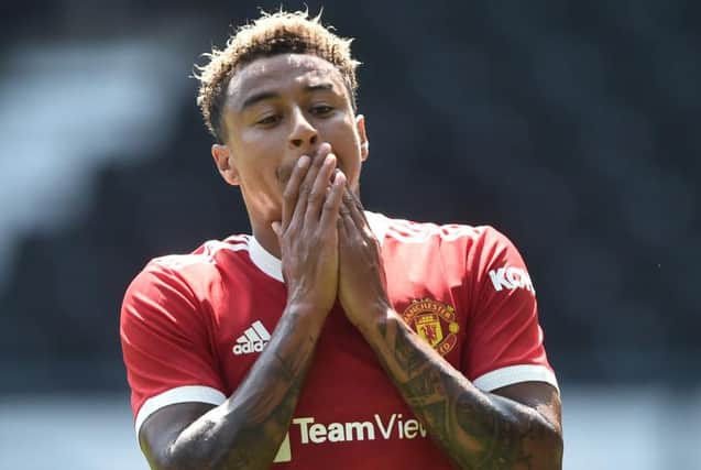 Jesse Lingard of Manchester United reacts during the pre-season friendly match between Derby County and Manchester United at Pride Park on July 18, 2021 in Derby, England. (Photo by Nathan Stirk/Getty Images)