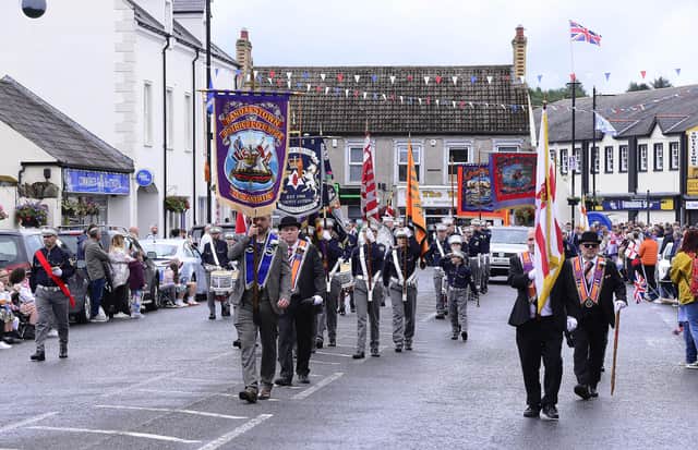 Bands and Orange men pictured in Randalstown.