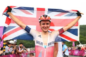 Tom Pidcock celebrates winning the gold medal during the men's cross-country mountain bike race on day three of the Tokyo 2020 Olympic Games at Izu Mountain Bike Course on 26 July (Michael Steele/Getty)