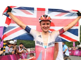 Tom Pidcock celebrates winning the gold medal during the men's cross-country mountain bike race on day three of the Tokyo 2020 Olympic Games at Izu Mountain Bike Course on 26 July (Michael Steele/Getty)