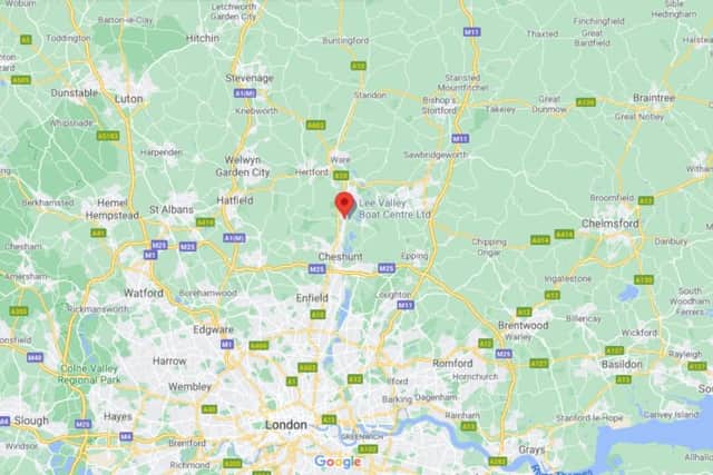 The location of Broxbourne - north of London - shown on a map (Image: Google Maps)