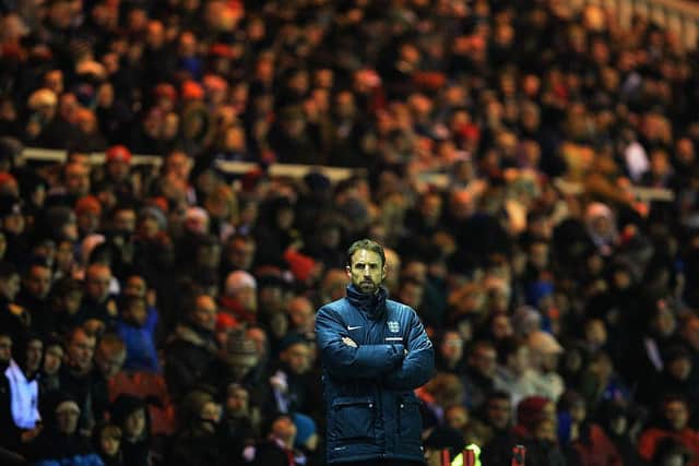 Gareth Southgate looks on from the sidelines during the friendly between England U21 and Germany U21 at the Riverside Stadium in 2015.