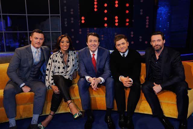 On the Jonathan Ross Show with Hugh Jackman, Taron Egerton, and Luke Evans.