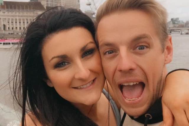 Emily Morgan, 27, said it was ‘love at first sight’ when she met Jamie Mullineux, 29, after the pair matched on Tinder in July 2020 (SWNS)